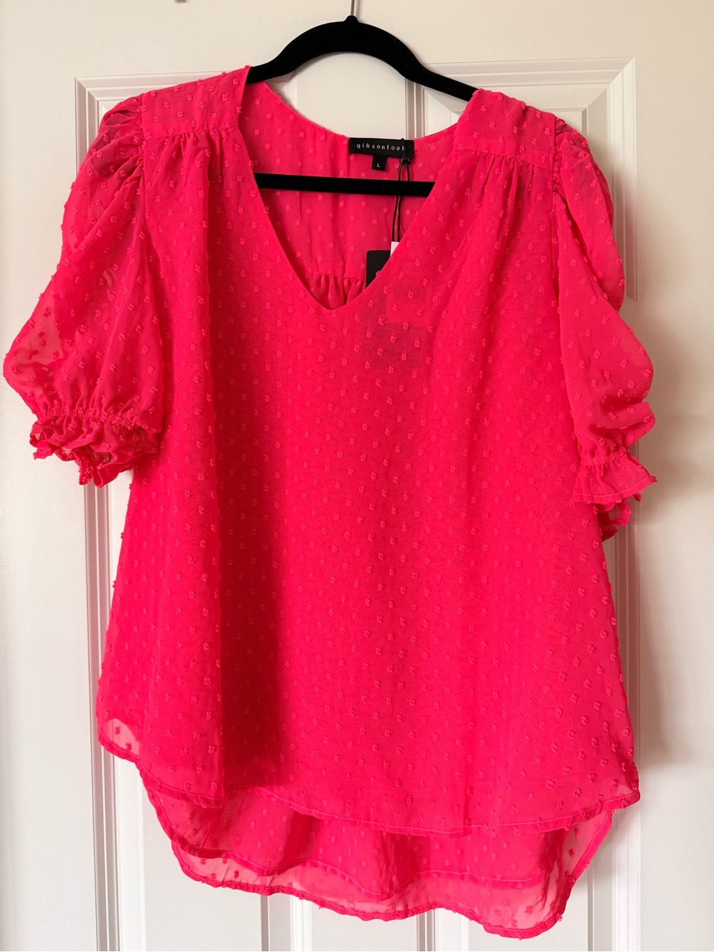 Vivid Pink Puff-Sleeve Swiss Dot Blouse - Picture 1 of 1